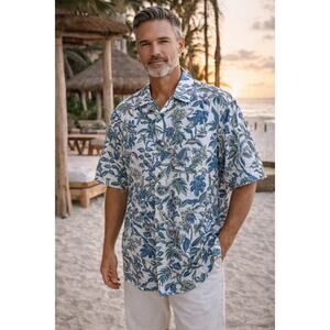 Tori Richard Hawaiian Shirt 3XLT Blue Tropical Floral Camp Collar Hawaii Cotton